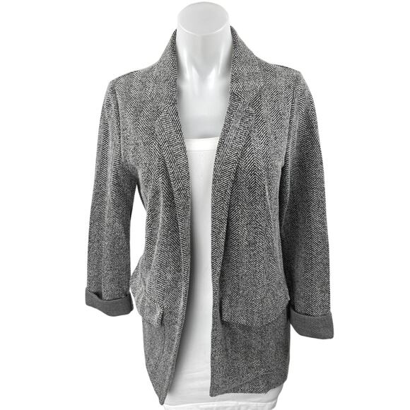 Topshop Gray Herringbone 3/4 Sleeve Open Front Pockets Blazer Coat Jacket Top 6 - Picture 1 of 4